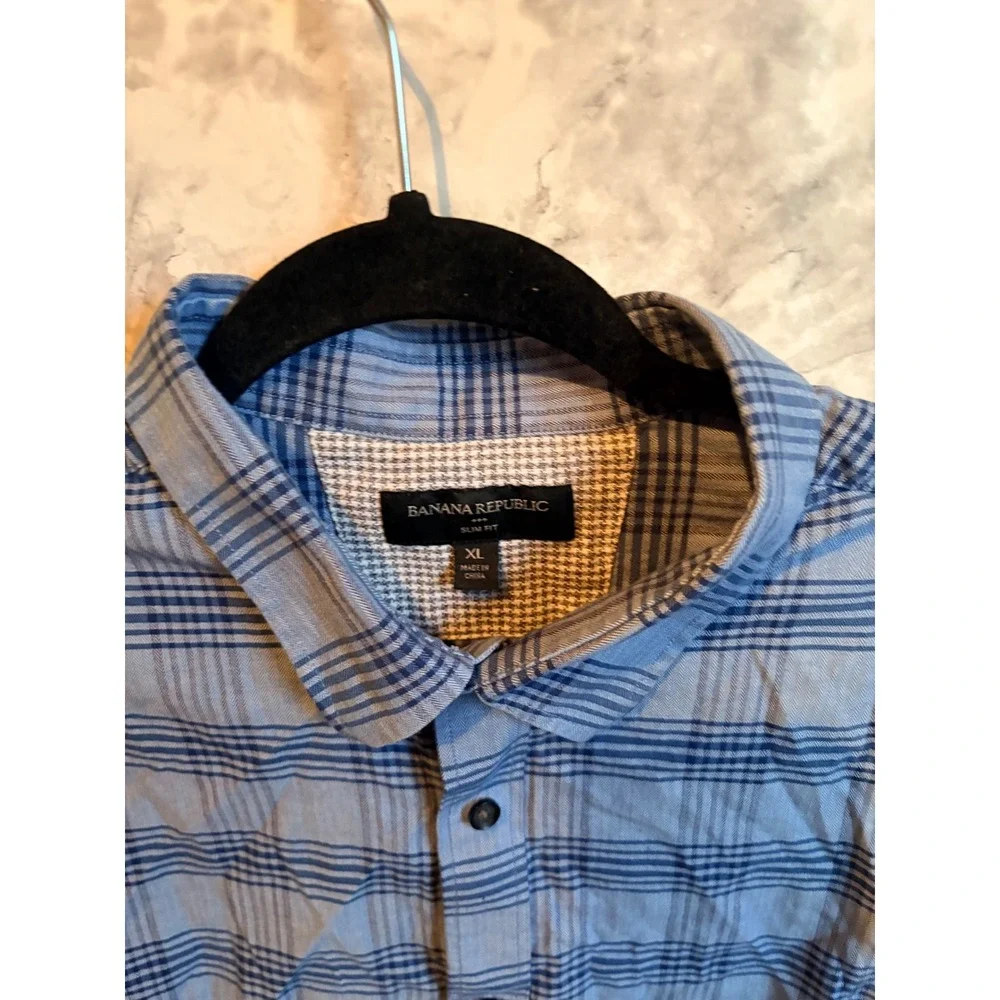 Banana Republic Men's Blue Plaid Slim Fit‎ Long Sleeve Button Down Shirt XL